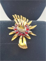 Vintage Gold Tone Red Stone  Brooch
