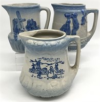 3 Antique Blue Stoneware Dutch Scene Pitchers