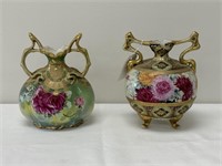 2 Nippon Hand Painted Red Rose Vases