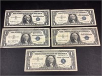 5 average circulated $1.00 silver certificates