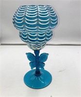 Art Glass Blue & White 12”Compote Bowl Butterfly