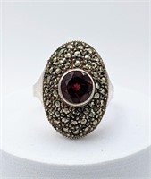Victorian Sterling Garnet Red Marcasite Ring