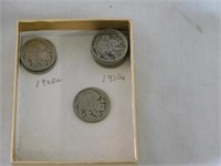 Buffalo nickels, two 1920s - five 1930s - one