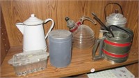 Shelf full includes flower sifter, aluminum ware,