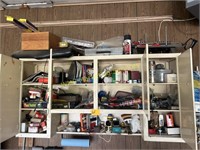 Cabinet Contents - Miter Saw, Car Parts and