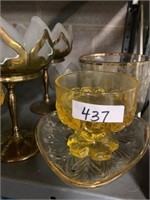 PAIR OF BRASS AND GLASS CHALICES AND GLASSWARE