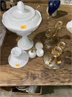 Milk glass and candle holders
