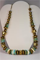 Disc Cut Turquoise & Brass Bead Necklace