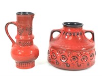 2 Pcs Mid Century Red Glaze Pottery Bitossi Style
