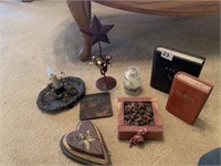 WOODEN DECORATIVE BOOKS, CANDLE, WOODEN HEARTS,