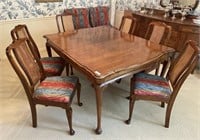 Large walnut dining table & 6 cane back chairs