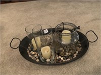 METAL TRAY WITH GLASS CANDLE HOLDERS AND BATTERY