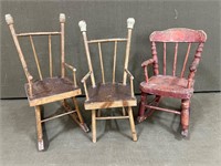 3 Antique Wooden Doll Chairs