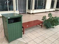 Red Bench, Green Flower Pot, Green Trash Can