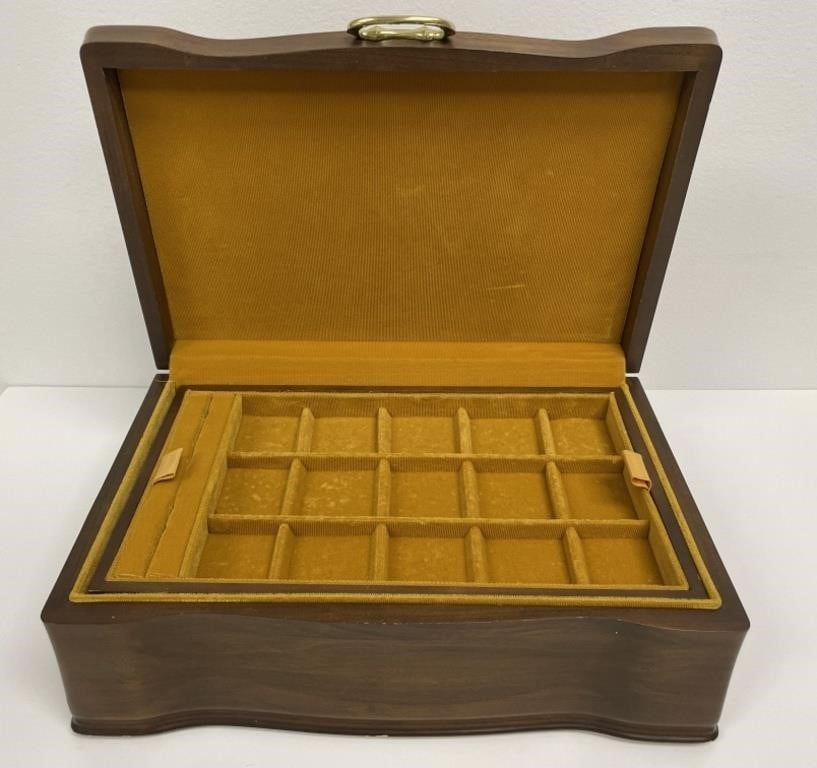 Vtg Wood Jewelry Box, Golden Velvet lined