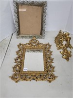Gold Metal Ornate mirror 11" x 16", Gold Sconce