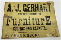 Tin Sign A.J.Gerhart Furniture Coffins Caskets