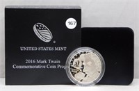 2016 Mark Twain Proof Silver Dollar with COA and