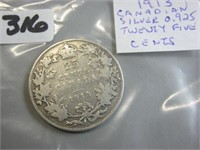 1913 Silver Canadian Twenty Five Cents Coin