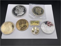 SEVEN ASSORTED REPLICA U.S. COINS AND MORE
