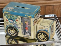 VTG HAPPY TIME DAIRY TIN BANK TRUCK -WHEELS ROLL