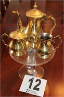 Brass Tea Pot, Cream, Sugar with Glass Tray