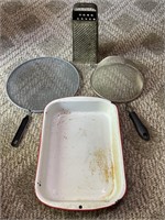 Lot of misc pans, grater, sifters, baking pan,