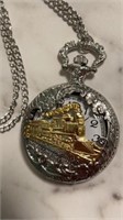 New pocket watch with chain, gold locomotive