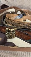 Group of vintage belts, solid brass owl buckle,