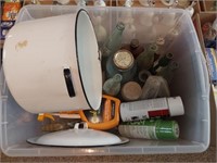 tub of vintage bottles, enamelware pot and misc