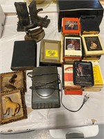 8-TRACK PLAYER & TAPES, WOODEN BOOKENDS, ANTIQUE