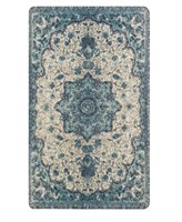 Blue Area Rug Carpet Faux Wool Non-Slip Medallion