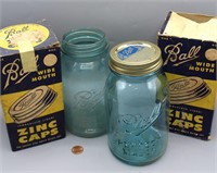 4 Pcs. Blue Ball Jars W/Zinc & Porc. Caps + Boxes