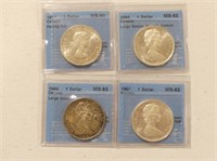 FOUR GRADED 1964-1967 CANADIAN ONE DOLLAR COINS