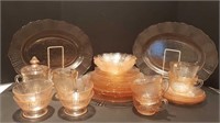 PINK DEPRESSION GLASS PLATES + BOWLS + CUPS +