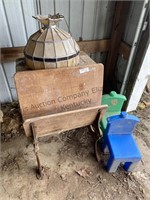 Hanging lamp, school desk  and 2 toddler chairs.