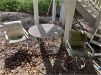 48" metal patio table & 2 swivel rocker chairs. B