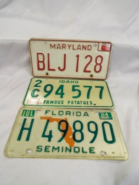 (3) 1980s State License Plates Maryland - Idaho