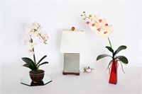 Table Lamp, Faux Flowers & Octagonal Mirror