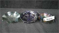 2 PIECE GREEN AND BLUE CARNIVAL GLASS BOWLS