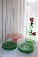 PINK BOWL, GREEN PLATES, WINE BOTTLE