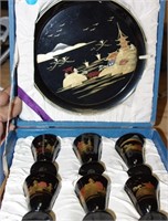 Black Oriental Plate & 6 Saki Cup Set