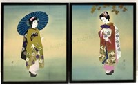 (2) Japanese Geisha Painting On Silk