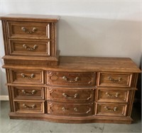 Oak triple dresser, nightstand, and triple mirror