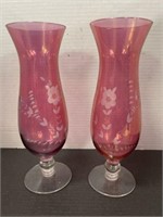 PAIR OF VINTAGE CUT TO CLEAR CRANBERRY PINK FOOTED