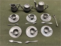 VINTAGE PEWTER DOLL DISH SET (MISSING ONE SPOON)