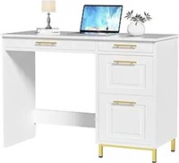 Hombck White Desk With Drawers, White And Gold Des