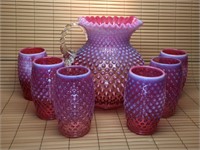 VINTAGE FENTON CRANBERRY PITCHER & TUMBLERS