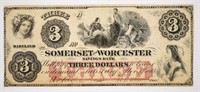 1862 Somerset & Worcester Savings Bank $3 Note