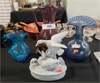 Crackle glass pitchers and vase and duck dish